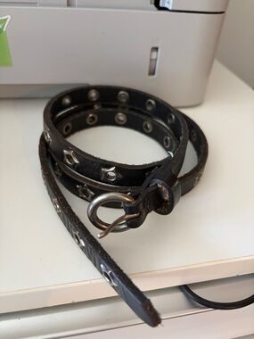 Black Studded Leather Wrap Belt star silver grommets AE size M thin